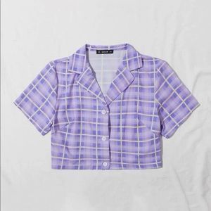 purple plaid cropped button up blouse with collar